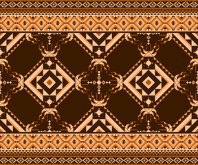geometric ethnic textile design in warm brown, orange, and cream tones, featuring diamond and triangular motifs arranged symmetrically with a rich ethnic aesthetic. Geometric seamless vector pattern.
