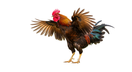 Powerful farm rooster spreading its colorful wings, ready for agricultural and poultry marketing isolated PNG with Transparent Background