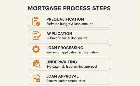 Mortgage process steps infographic showing prequalification application loan processing underwriting and approval with budget estimate document review and financial evaluation concept