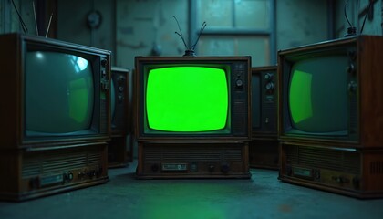 Dark room with retro TVs obsolete tech. Vintage televisions stack, with green screens glowing. Obsolete electronics, old interiors, artistic visuals offer unique designs. Perfect for nostalgia retro