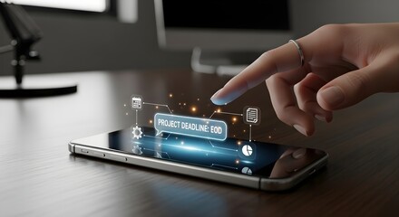 Futuristic interface displays project deadline countdown on a smartphone screen, highlighting urgent task management.