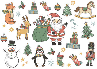 Set of Christmas greeting cards with xmas decoration. Winter Holiday Posters or banners design in modern realistic style with fir branches, gift boxes, christmas tree toys deer and stars