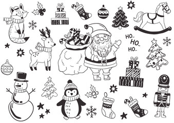 Set of Christmas greeting cards with xmas decoration. Winter Holiday Posters or banners design in modern realistic style with fir branches, gift boxes, christmas tree toys deer and stars