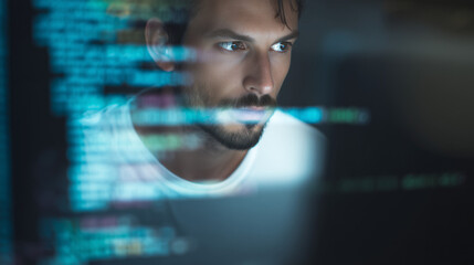 programmer. A focused programmer with lines of code projected in the background, illuminated by cool blue light. product launch decks.