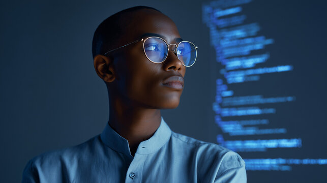 programmer. A focused programmer with lines of code projected in the background, illuminated by cool blue light. product launch decks.