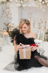 Elegant woman in a black tulle dress and jewelry sitting on the floor, holding a gift box and a white dog in a luxurious gold and white christmas and new year interior