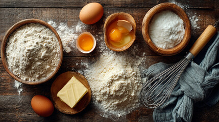 Ingredients for baking on a wooden surface with flour eggs butter and a whisk near cloth