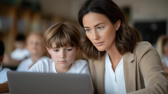 Teacher using AI virtual assistant in digital classroom to monitor student progress, symbolizing educational technology, personalized learning, and advanced classroom automation. cinematic color