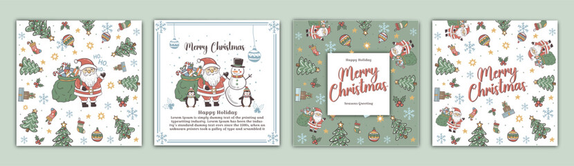 Set of Christmas greeting cards with xmas decoration. Winter Holiday Posters or banners design in modern realistic style with fir branches, gift boxes, christmas tree toys deer and stars