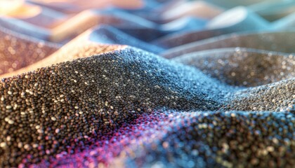 Abstract wavy surface with sparkling glitter particles in warm and cool lighting showing a digital art texture