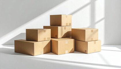 Stack of Cardboard Moving Boxes in a Bright Room with Sunlight Shadows on White Walls and Floor