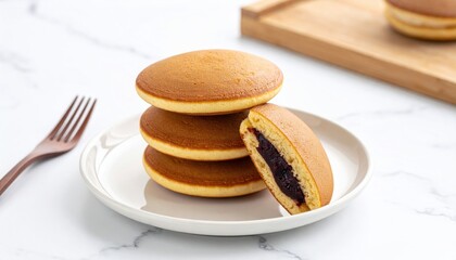Stack Of Golden Dorayaki Pancakes Filled With Dark Red Bean Paste Served On A White Plate With A Fork And Wooden Tray In Natural Daylight