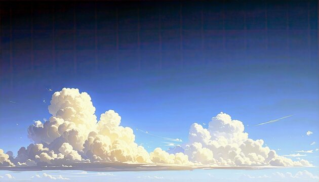 Puffy, sunlit cumulus clouds drift across a vibrant blue sky, with wispy contrails visible in the distance.