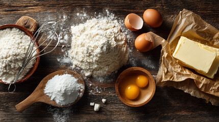 Ingredients for baking arranged on a rustic wooden surface from above view