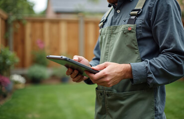 Gardener holding tablet computer plans landscape design project. Man in overalls works in a residential backyard with green lawn. Pro landscaper uses modern digital device for gardening.