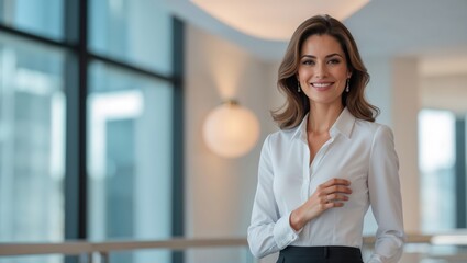 Portrait of smiling mature business woman executive, happy businesswoman entrepreneur, company hr holding digital tablet looking at camera standing in office at work