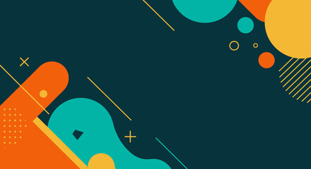Abstract geometric background in Neo-Memphis style with teal, orange, and yellow shapes on a dark blue-green backdrop