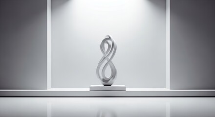 Elegant infinity sculpture isolated on white background, a symbol of endless possibilities, love, and connection, showcased in a minimalist gallery setting with soft lighting