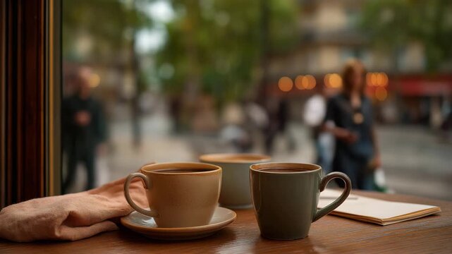 During media consumption, a smartphone, its screen scratched, plays a podcast, left unattended on a city café&rsquo;s wooden table, its grain scarred. A paper coffee cup, its lid warped, steams faintly