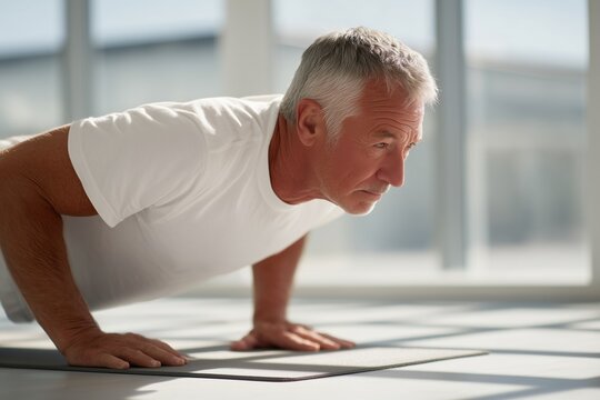 Elderly Push-up: A determined senior demonstrates strength and vitality by performing a push-up on a soft mat, highlighting the importance of fitness in later life.