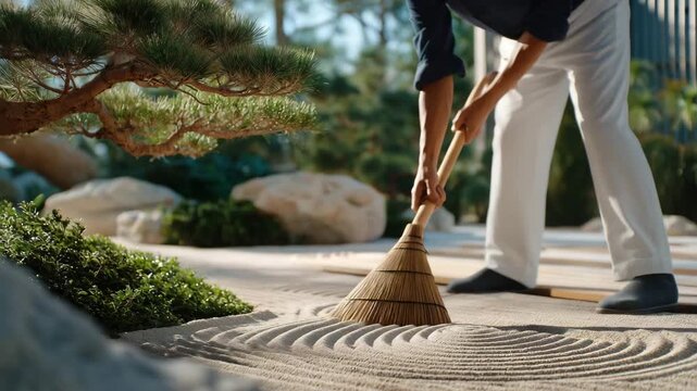 A meditative scene unfolds as gardener&rsquo;s hands rake patterns in a zen sand garden, symbolizing mindfulness, calmness, and the therapeutic nature of horticultural art. cinematic color correction,