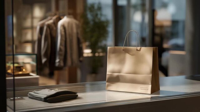A shopping day leaves a city boutique empty, its glass counter smudged with fingerprints. A paper shopping bag, its handles twisted, sits abandoned, and a metal hanger, its wire bent, holds a