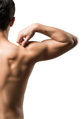 Obraz premium Upper back, well-defined musculature, bare skin, trapezius, deltoids, rhomboids, shrugging against transparent studio background, anatomical study of muscle movement and tension relief