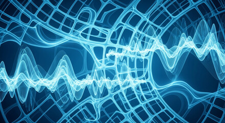 Abstract blue waves and grid pattern with bright light