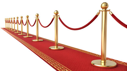 Side view Gold stanchions tied with red velvet ropes and red carpets isolated. Golden stanchion and red velvet rope barrier for a VIP event isolated
