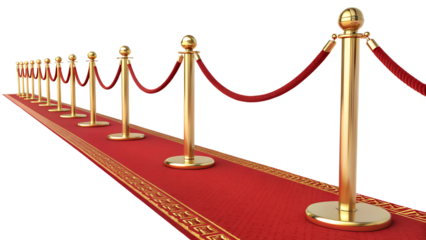Side view Gold stanchions tied with red velvet ropes and red carpets isolated. Golden stanchion and red velvet rope barrier for a VIP event isolated

