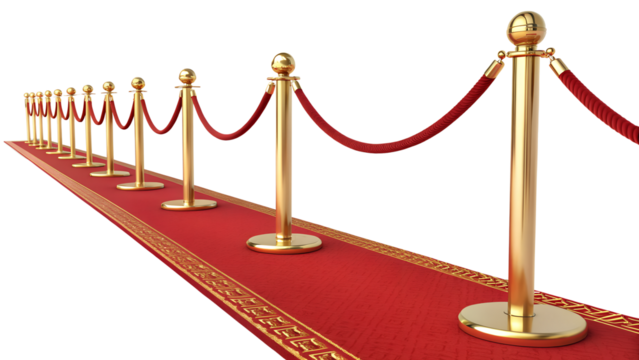 Side view Gold stanchions tied with red velvet ropes and red carpets isolated. Golden stanchion and red velvet rope barrier for a VIP event isolated
