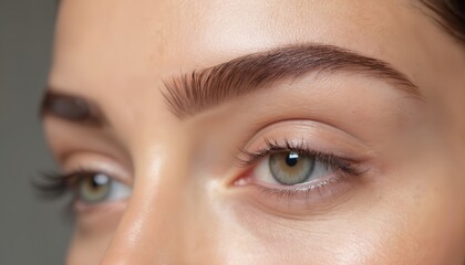 Close up photo shows woman after eyebrow lamination procedure. Eyebrows look well-groomed and shaped. Beauty treatment is done in pro salon with cosmetic products.