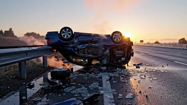 Upside down car after major automobile accident on highway at sunset. Vehicle rollover with smoke from engine under blue sky, footage.