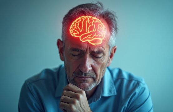 Elderly man with glowing brain, symbolizing cognitive process, stress, or mental health challenge. Deep thought, introspection, or decision making visualized.