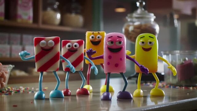 Cuatro personajes de caramelo bailando sobre una mesa de confiter&iacute;a.