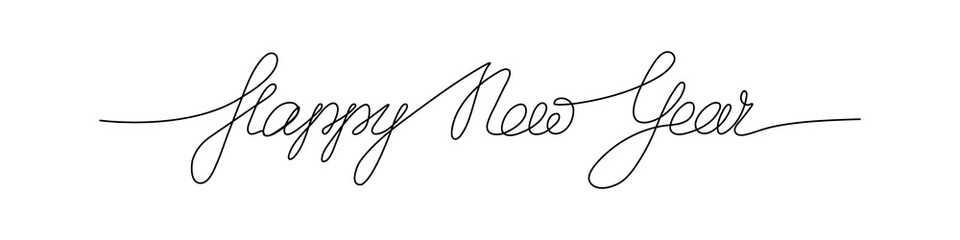Obraz premium Happy New Year handwritten inscription. One line drawing of phrase. Сalligraphy.