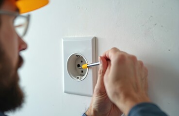Naklejka premium Electrician installing power outlet on white wall. Man in hard hat using screwdriver. Electrical work at construction site. Person fixing socket. Electrical repair concept.