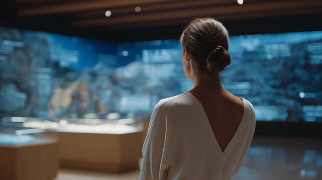 Curator standing in front of a holographic historical timeline explaining evolution of civilization, symbolizing immersive museum education, AI-powered exhibitions, and cultural innovation through
