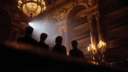 Silhouettes gather in a grand ornate opera house interior bathed in dramatic chandelier light