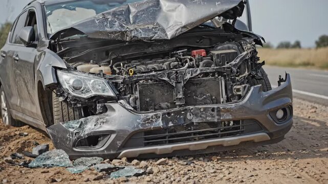 Wrecked car with smoking engine on roadside after a severe road accident. Vehicle collision liability, insurance claim concept footage.
