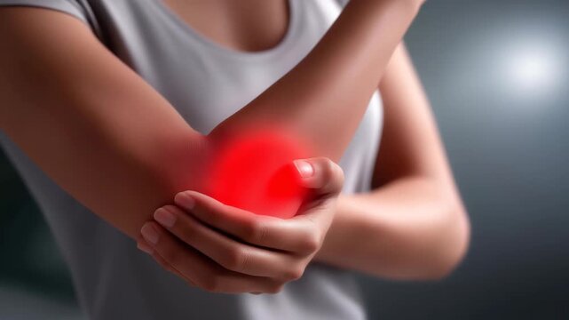 Digital anatomy illustration with highlighted red area of pain on elbow joint, emotion of concern and attention visible, representing joint inflammation, medical treatment awareness, and