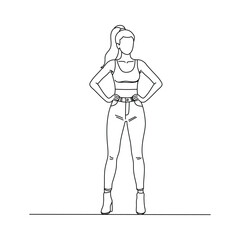 Woman in Sportswear Standing Pose line drawing. Line art. Illustration
