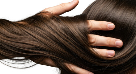 Fototapeta premium Male hand gently running through voluminous long, straight, silky hair with natural sheen and subtle motion blur, macro studio shot on transparent background with bokeh, luxurious texture concept