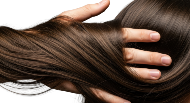 Male hand gently running through voluminous long, straight, silky hair with natural sheen and subtle motion blur, macro studio shot on transparent background with bokeh, luxurious texture concept