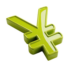 Obraz premium A vibrant, three-dimensional lime-green Yen symbol, rendered with a glossy, slightly beveled texture, is presented against a black background