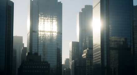 City Skyline: A captivating urban landscape showcases the towering skyscrapers reflecting the sunlight, exuding modernity and architectural grandeur. 