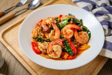 Stir fried spicy shrimp in a white plate
