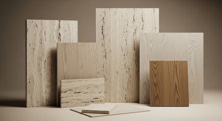 Material Mood Board with Travertine Stone and Oak Wood Samples for Interior Design.