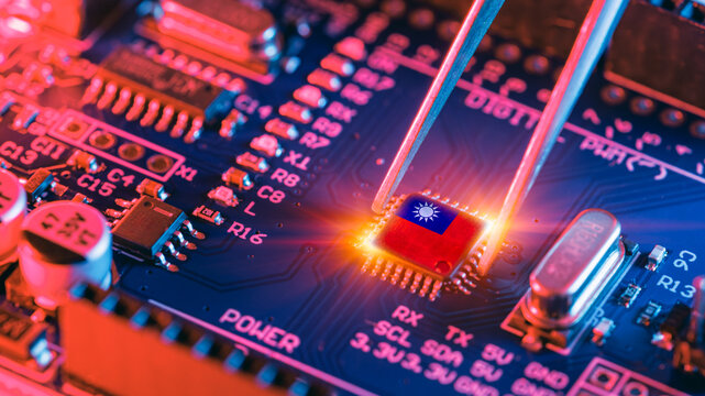 Taiwan war concept, Taiwan flag on Chip. CPU processor made in Taiwan. Chinese Microprocessor manufacturer.