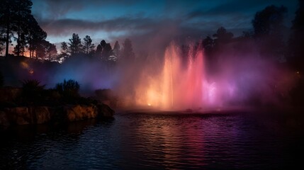 Fototapeta premium Colorful fountain illuminated at night with mist and reflections in a pond